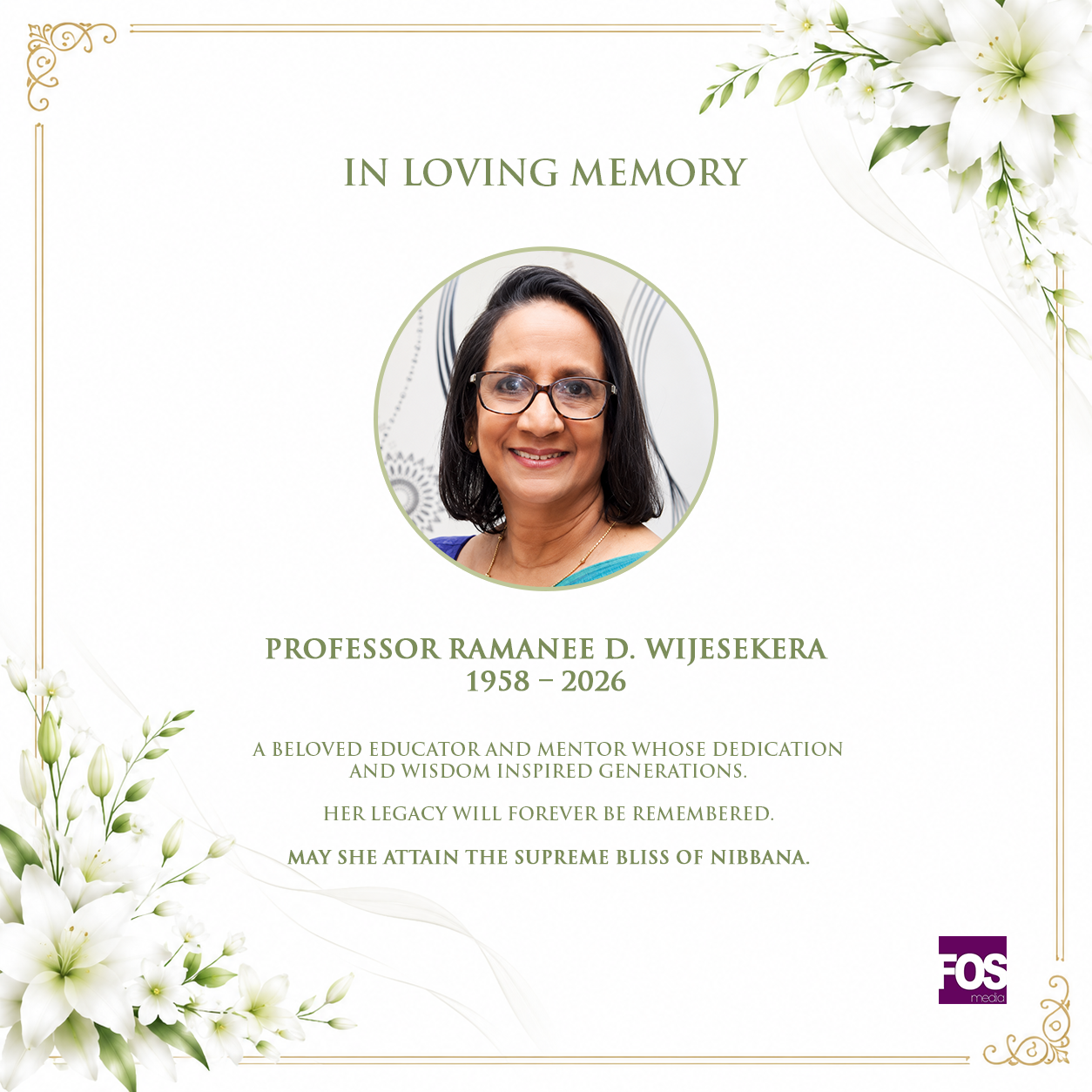 Memorial Notice - Professor Emeritus Ramanee D. Wijesekera